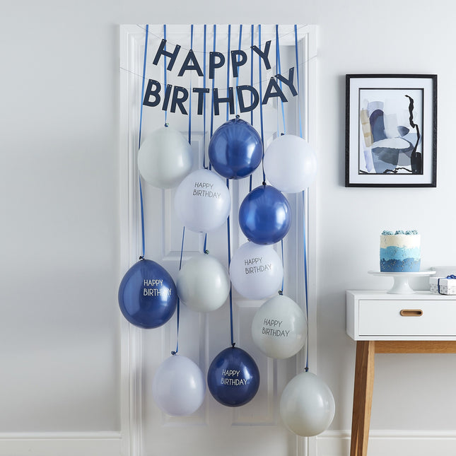 Blauwe Happy Birthday Deurgordijn Met Ballonnen