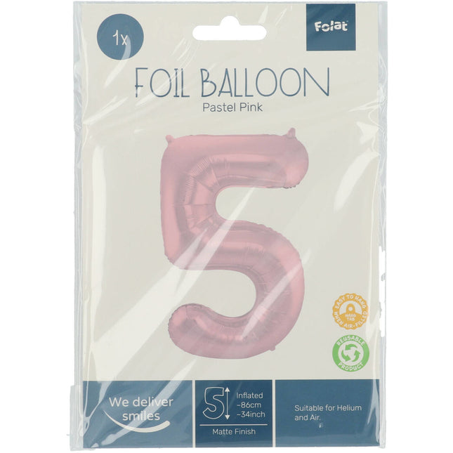 Folie Ballon Cijfer 5 Pastel Roze XL 86cm leeg