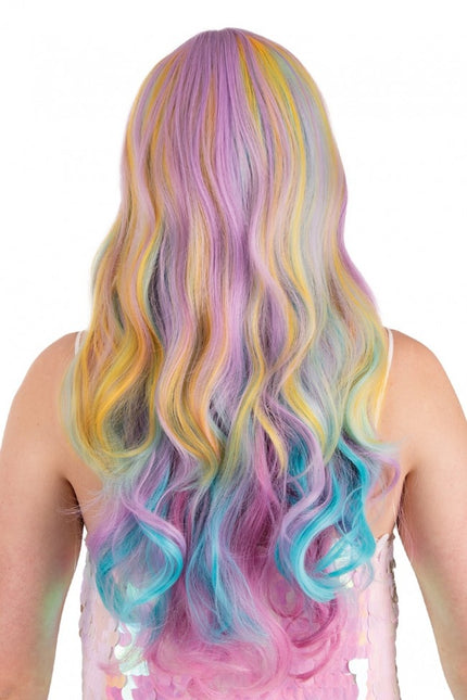 Pruik Selena Lang Met Krullen Pastel Regenboog Met Schuine Pony