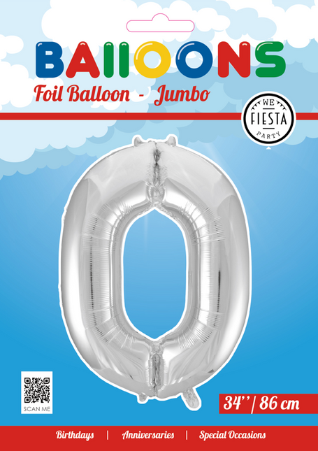 Folie Ballon Cijfer 0 Zilver XL 86cm leeg