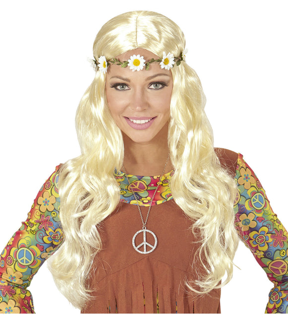 Hippie 60S Pruik Blond Met Bloemen Haarband