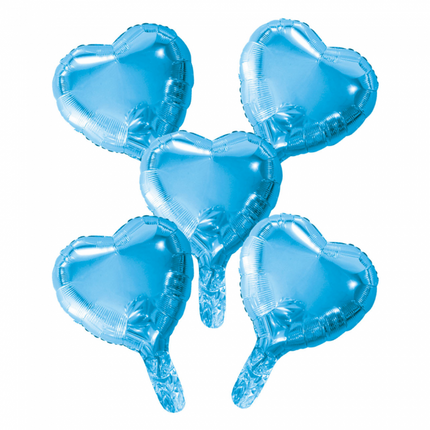 5 Folieballonnen hart met papieren rietje 9" baby blauw