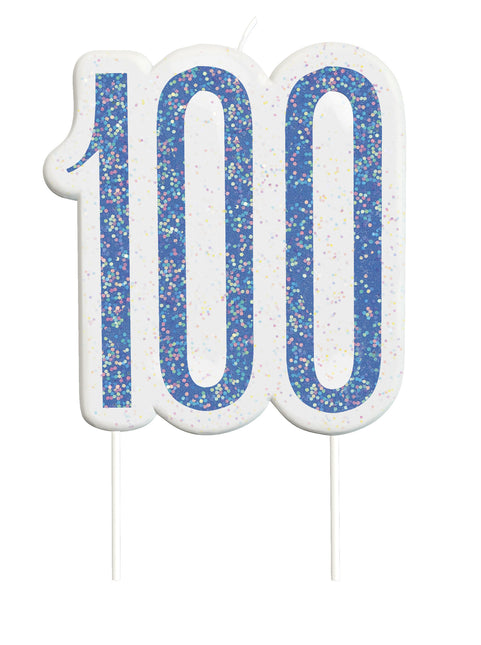 Kaars 100 Jaar Glitter Blauw 8,5cm