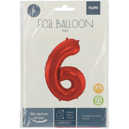 Folie Ballon Cijfer 6 Mat Rood XL 86cm leeg