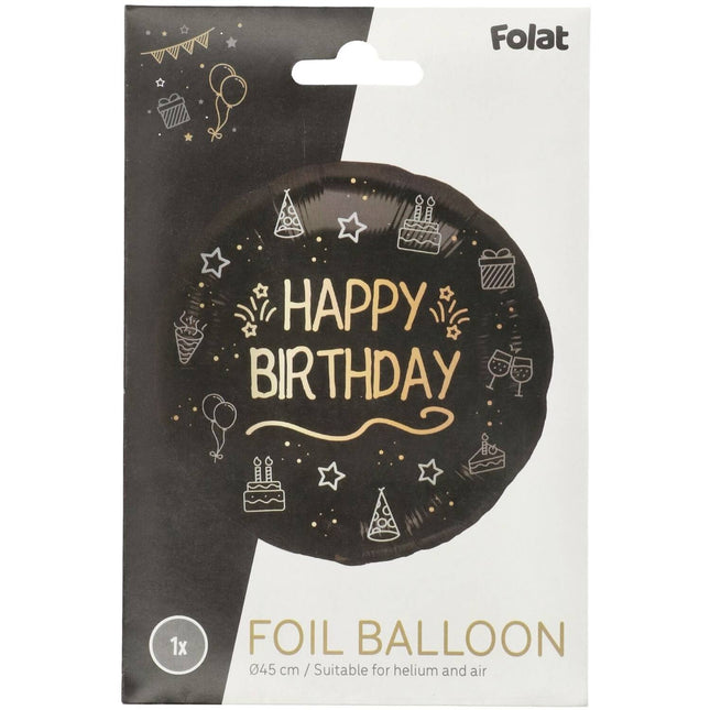 Happy Birthday Helium Ballon Zwart Goud Leeg 45cm