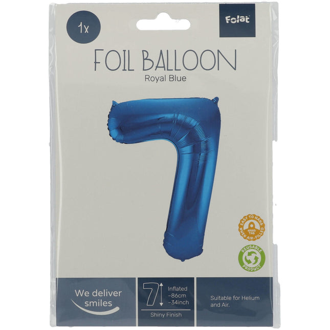 Folie Ballon Cijfer 7 Blauw Metallic XL 86cm leeg