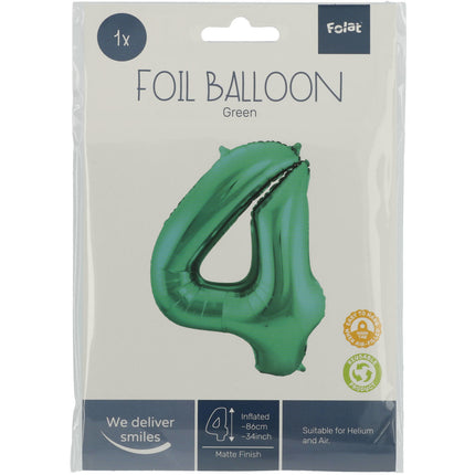 Folie Ballon Cijfer 4 Mat Groen XL 86cm leeg