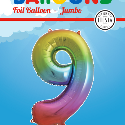 Folie Ballon Cijfer 9 Regenboog XL 86cm leeg