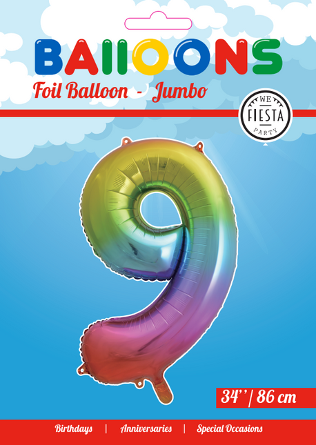 Folie Ballon Cijfer 9 Regenboog XL 86cm leeg