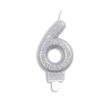 Kaars 6 Jaar Zilver Glitter 7cm