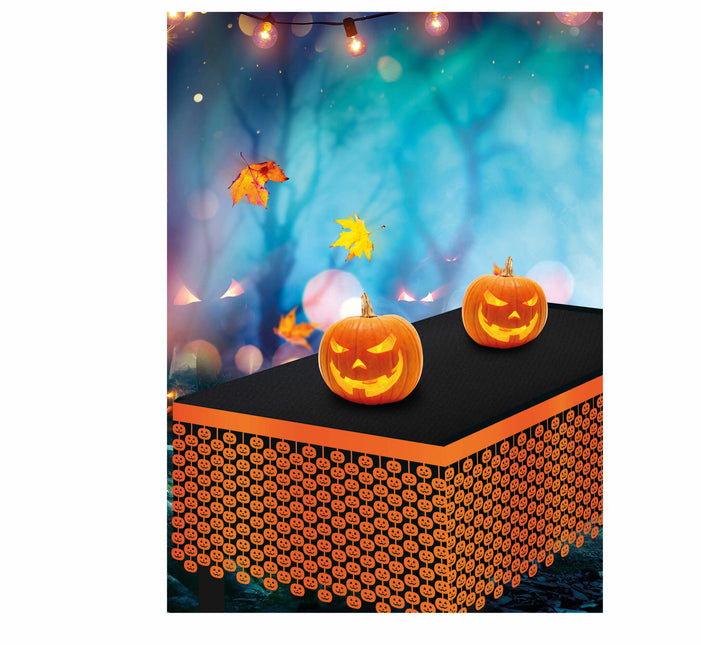 Oranje Halloween Tafelrok Doodshoofden 4m