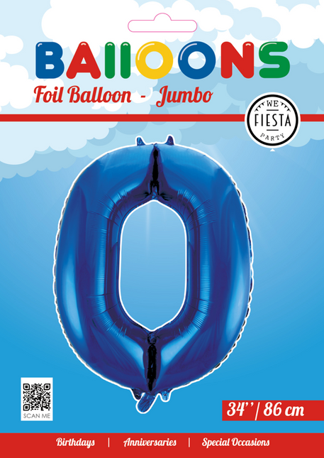 Folie Ballon Cijfer 0 Blauw XL 86cm leeg