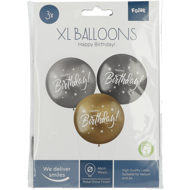 Ballonnen Happy Birthday Zwart Zilver Goud 48cm 3st