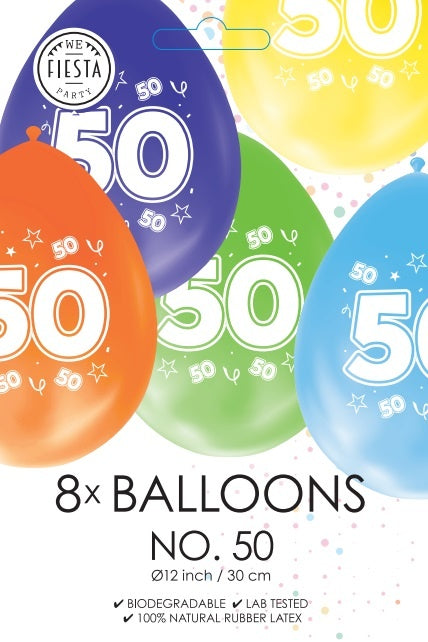 Gekleurde Ballonnen 50 Jaar 30cm 8st