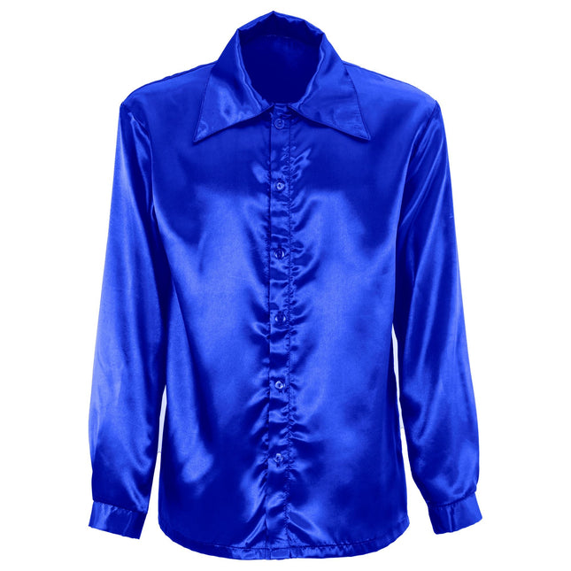 Disco 70S Blouse Blauw Heren Satijn