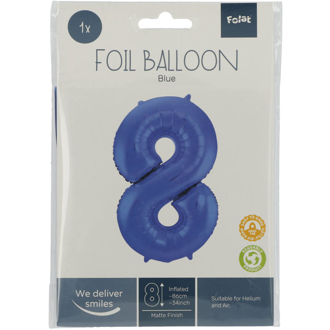 Folie Ballon Cijfer 8 Mat Blauw XL 86cm leeg