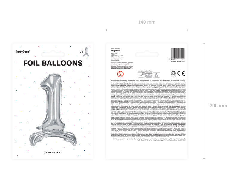 Folie Ballon Cijfer 1 Zilver Standaard Leeg 70cm