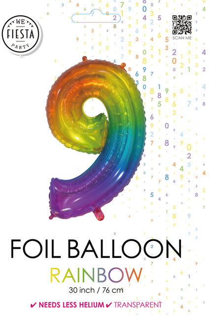 Folieballon Cijfer 9 Regenboog Transparant 66cm