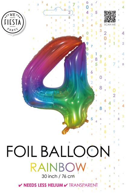 Folieballon Cijfer 4 Regenboog Transparant 66cm