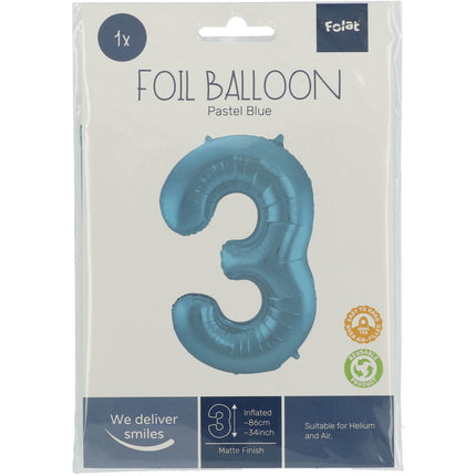 Folie Ballon Cijfer 3 Pastel Blauw XL 86cm leeg