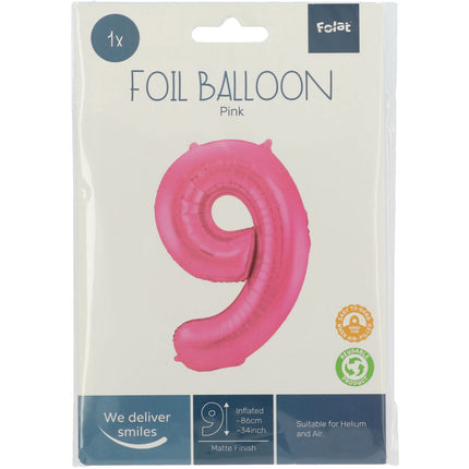 Folie Ballon Cijfer 9 Mat Roze XL 86cm leeg