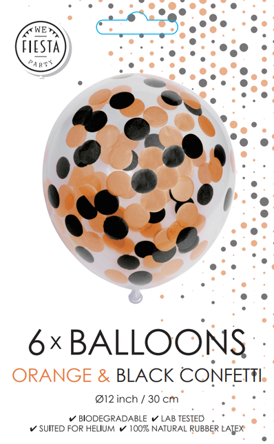 Confetti Ballonnen Oranje Zwart 30cm 6st