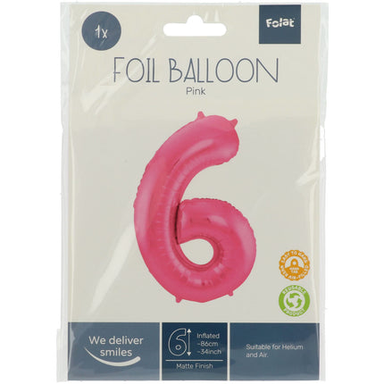 Folie Ballon Cijfer 6 Mat Roze XL 86cm leeg