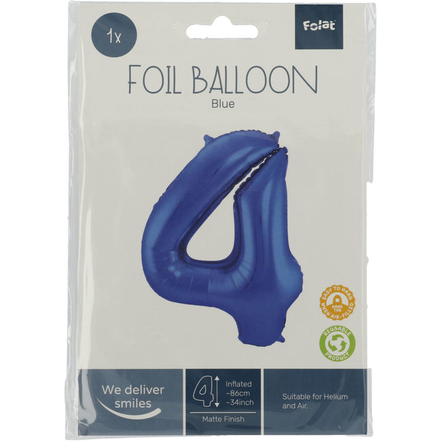 Folie Ballon Cijfer 4 Mat Blauw XL 86cm leeg