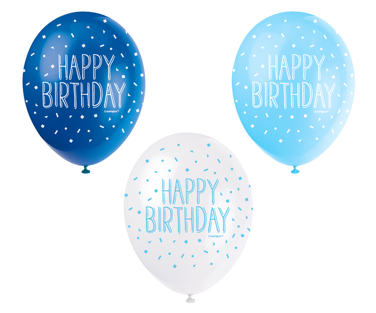 Ballonnen Happy Birthday Confetti Blauw 30cm 5st