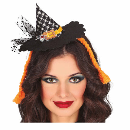 Halloween Haarband Mini Heksenhoed Oranje Vlechtjes