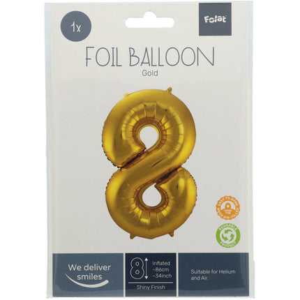 Folie Ballon Cijfer 8 Goud Metallic XL 86cm leeg