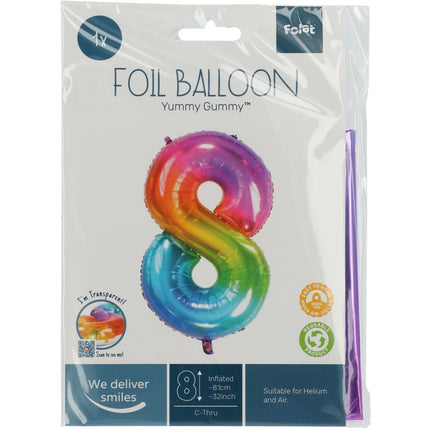 Folie Ballon Cijfer 8 Regenboog XL 81cm leeg