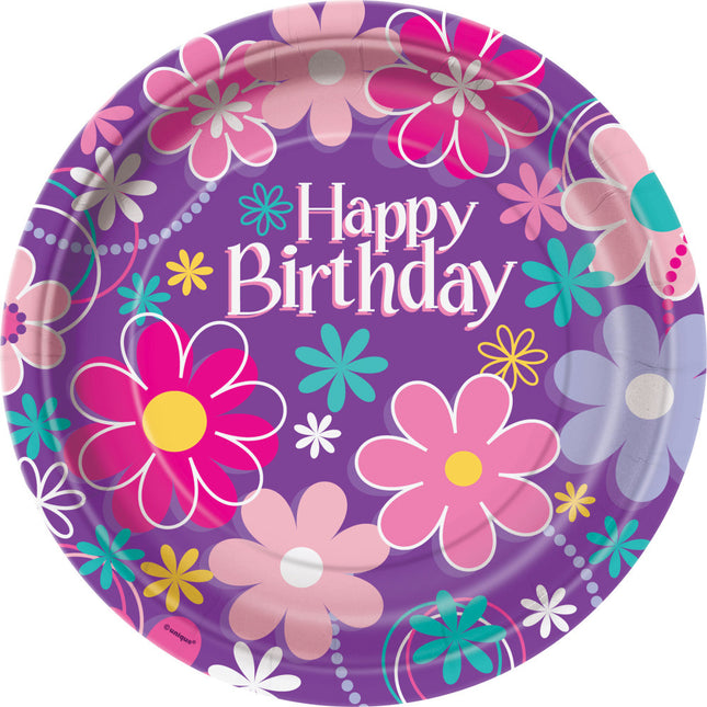 Bloemen Borden Happy Birthday 23cm 8st