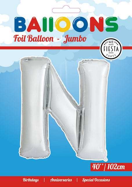 Folie Ballon Letter N Zilver XL 102cm leeg