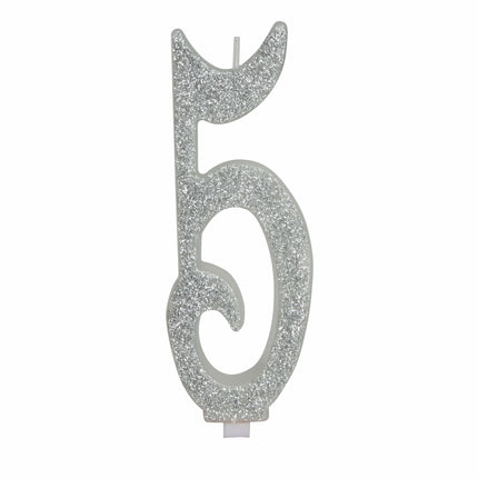 Zilveren Kaars 5 Jaar Glitter 12,5cm