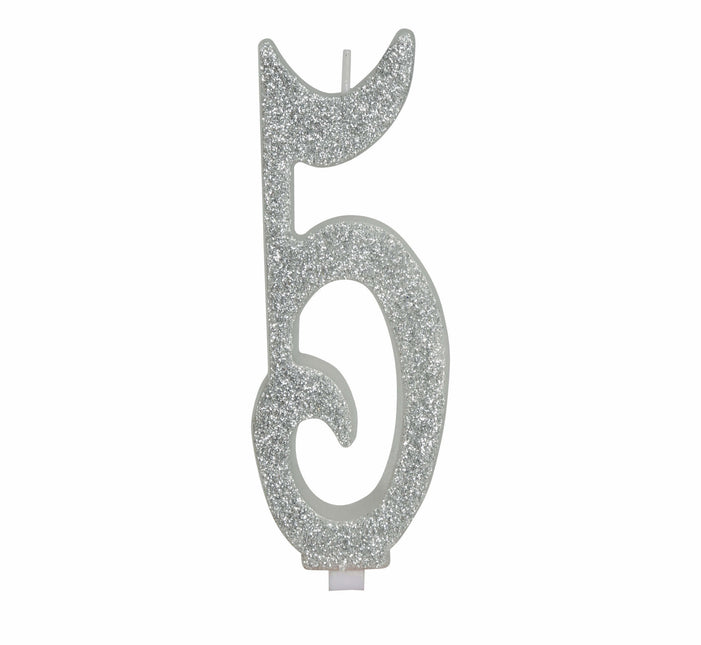 Zilveren Kaars 5 Jaar Glitter 12,5cm