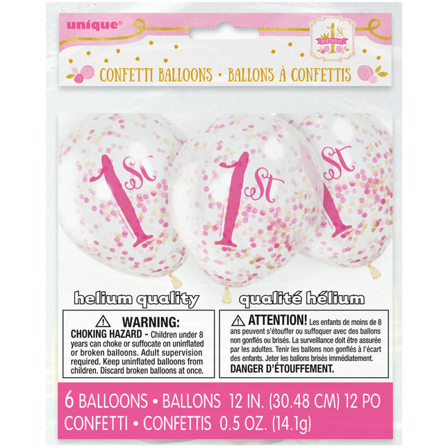 Confetti Ballonnen 1 Jaar Roze 30cm 6st