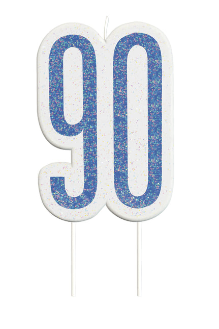 Kaars 90 Jaar Glitter Blauw 8,5cm