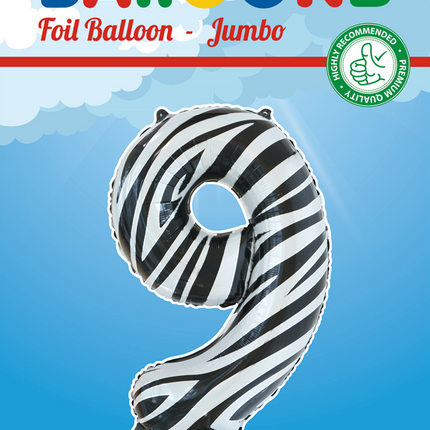 Folie Ballon Cijfer 9 Zebra XL 86cm leeg