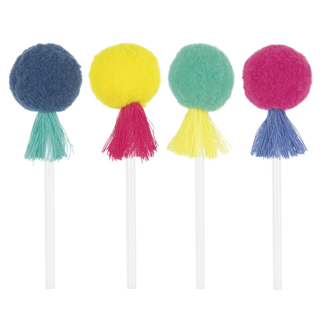 Gekleurde Cupcake Toppers Pom Pom & Kwastjes 8st