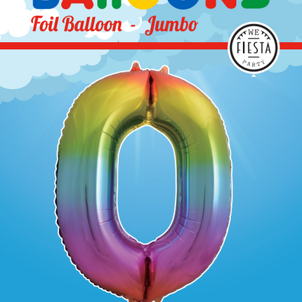 Folie Ballon Cijfer 0 Regenboog XL 86cm leeg