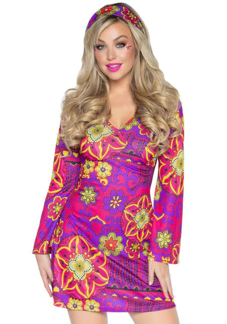 Hippie 60S Jurk Paars Roze Dames Bloemen Leg Avenue - Partywinkel - 714718259451