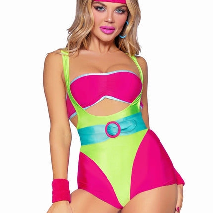 Neon 80S Kostuum Groen Roze Dames Bodysuit Workout Leg Avenue - Partywinkel - 714718563992